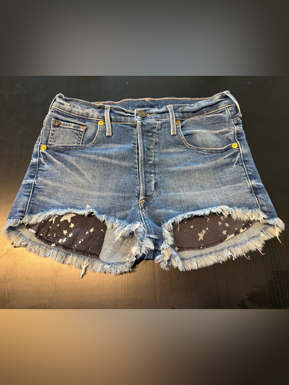 True Religion Scout BF Mullet Short Short Gypset Blue Distressed Denim Size 25